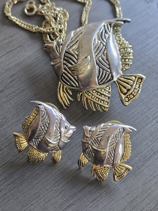 Vintage Fish Necklace and Earring Set Gold & Silver Tone Fish Pendant Necklace