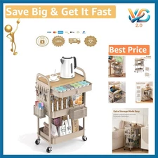 Wood Top 3-Tier Metal Rolling Cart with Pegboards Hooks and Drawers