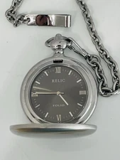 POCKET WATCH SILVERTONE CASE GREY FACE WATCH FOB CHAIN BY FOLIO BY RELIC