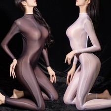 Womens Sheer Stretch Backless Catsuit Bodysuit Shiny Glossy See-through Jumpsuit