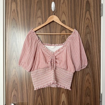 Numph Pink Gingham Check Short Puffärmel Shirred Crop Top M EU 38