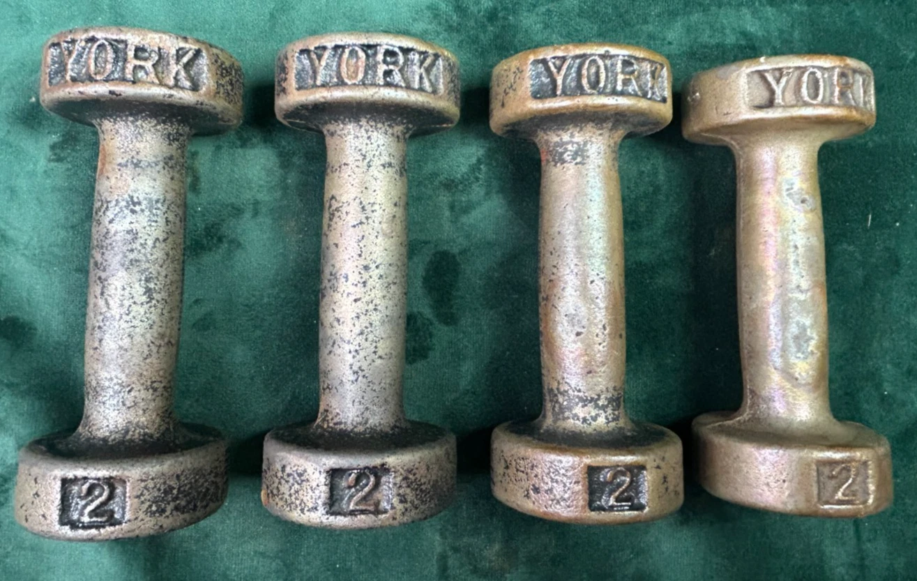 2 Vintage Pair of York 2 Pound Roundhead Flat bottom Lot of 4 Iron Dumbbells USA