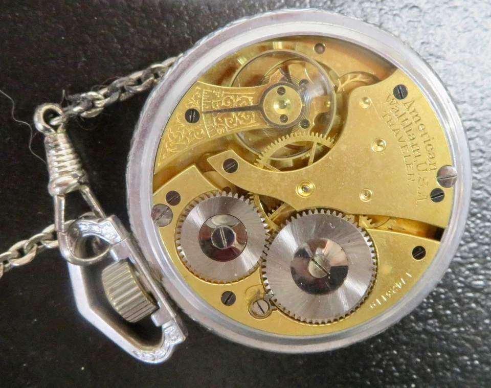 VINTAGE 1908 WALTHAM Traveler Railroad "Train Back" Pocket Watch Chrome Case - Image 3 of 4