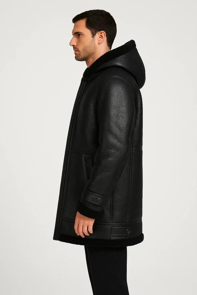 Men’s Black Faux Shearling Leather Hooded Coat | Genuine Sheepskin Winter Jacket - Image 3 of 4
