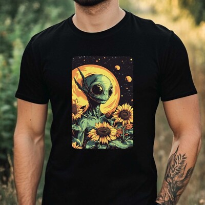 Men's Alien Sunflower Print Cotton T-Shirt Size XS to 5XL