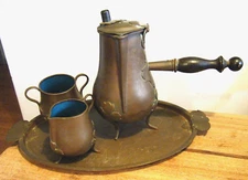 Antique 20s Arts and Crafts Style Chinese Copper & Blue Enamel Tea Set with Tray