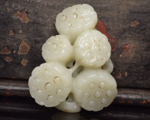 Chinese Hand-carved Natural Hetian Jade Nephrite Pendant Lotus carving - Afbeelding 1 van 9