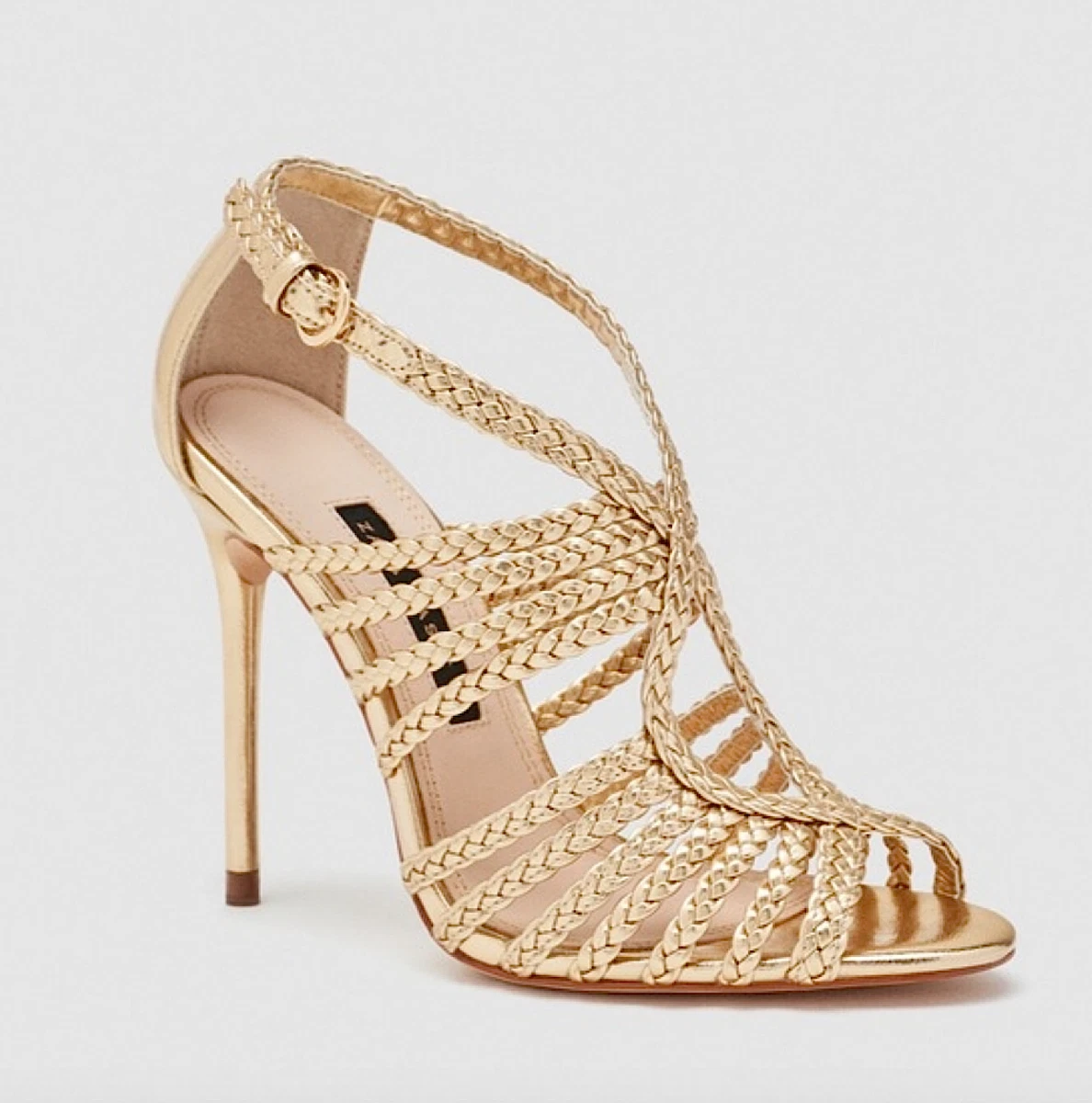 ZARA High Heel Sandals GOLD BRAIDED STRAPS Laminated CAGED Shoes