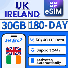 JetSim UK  Ireland eSIM - 30GB High-Speed Data 180 Days Digital Travel SIM Card