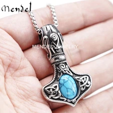 MENDEL Mens Stainless Steel Celtic Amulet Knot Turquoise Stone Pendant Necklace