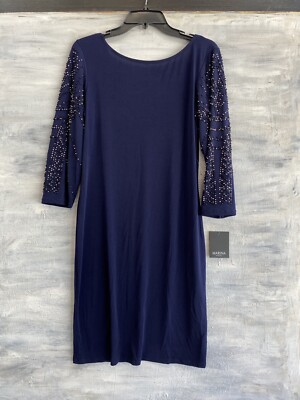 NEW! MARINA 261771 Beaded 3/4 Sleeve Stretch Knit Sheath Dress, 10 - Navy |  eBay