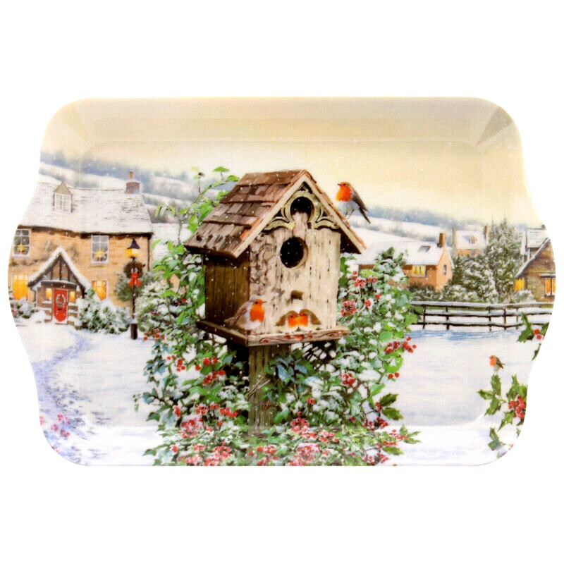 Small Snack Tray, Festive Scene with Robins, Holly & Snow. Macneil design