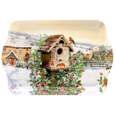 Kleines Snack Tablett, festliche Szene mit Rotkehlchen, Stechpalme & Schnee. Macneil Design