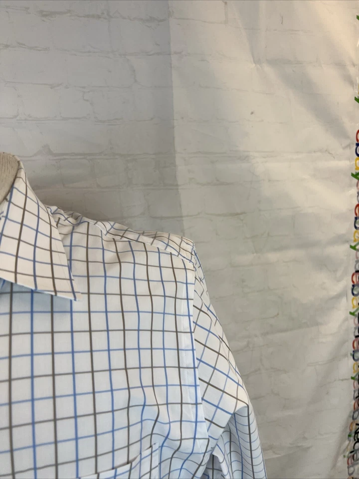 Paul Fredrick Men's White Blue & Brown Plaid Cotton Dress Shirt M $108 - Image 2 of 4