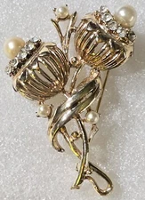 Vintage Art Nouveau style RHINESTONES Faux Pearl Stemmed Flowers Floral Brooch