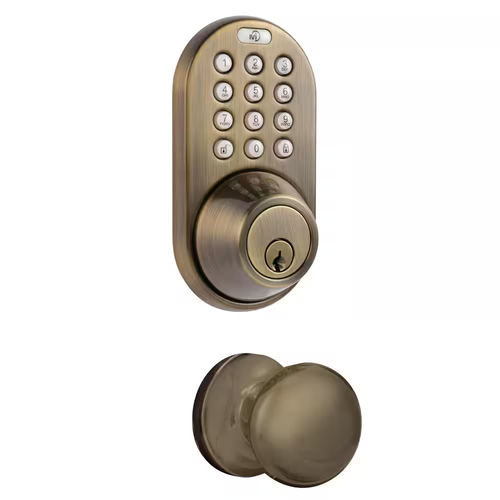 Antique Brass Keyless Entry Deadbolt and Door Knob Lock Combo Pack with Electron - Picture 4 of 12