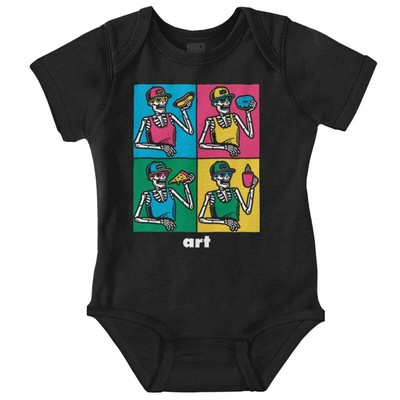 Funny Skeletons With Food Pop Art Squares Newborn Baby Boy Girl Infant Romper