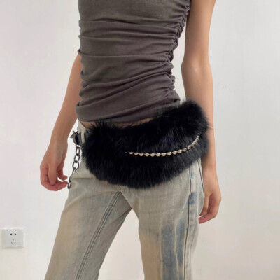 Faux Fur Belts Metal Bead Chain Plush Waist Belt Furry Fur Sexy