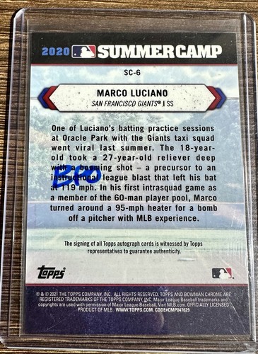 2021 Bowman Chrome 2020 Summer Camp Auto /100 Marco Luciano #SC-6 Auto - Picture 2 of 2