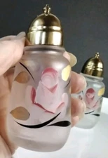 Hazel Atlas salt and pepper satin glass roses hand painted  gold tops unused exc