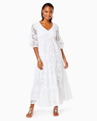 $328 NEW Lilly Pulitzer Breanne Elbow Eyelet Maxi Dress White