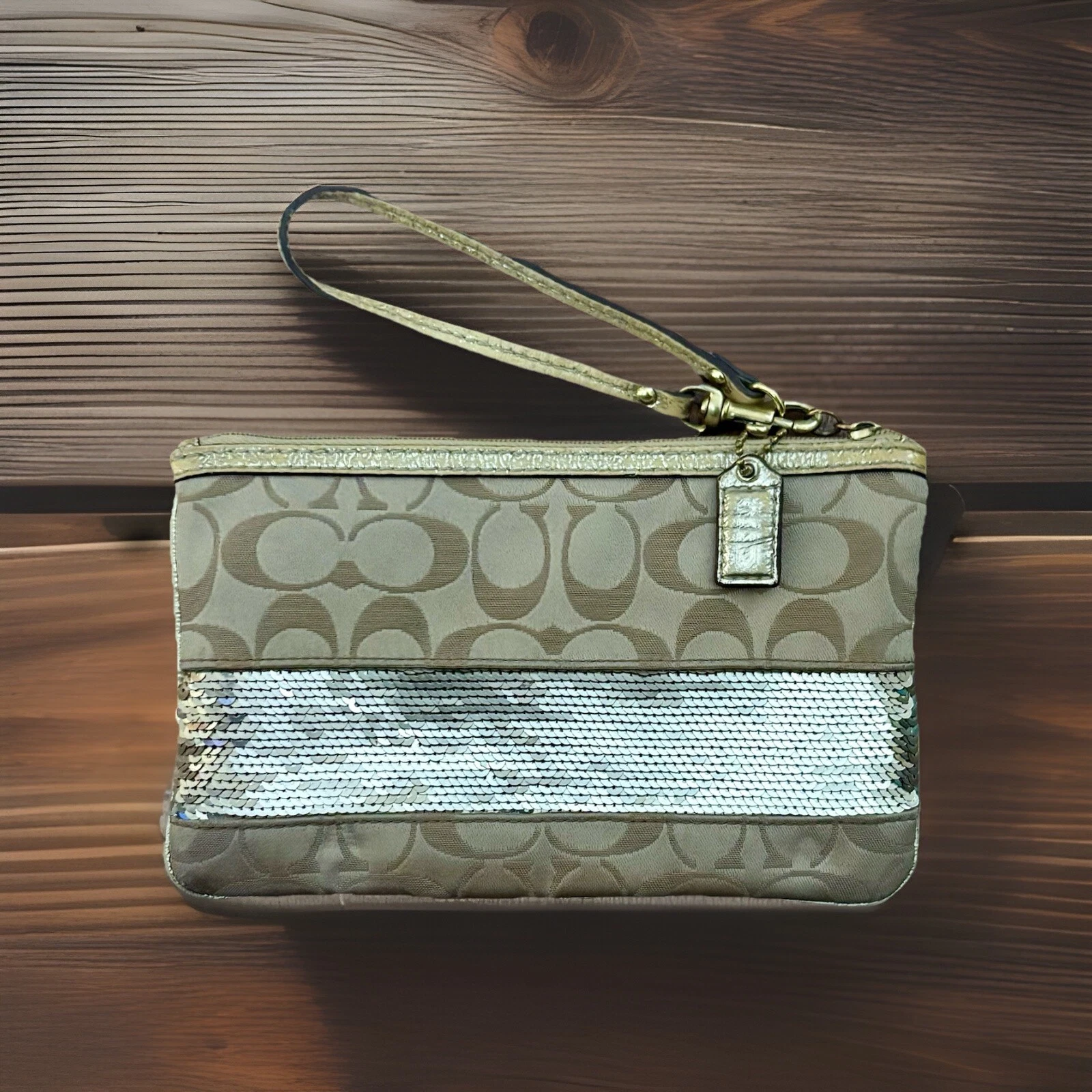 Vintage Coach Signature C oro paillettes striscia braccialetto logo monogramma ottime condizioni cachi