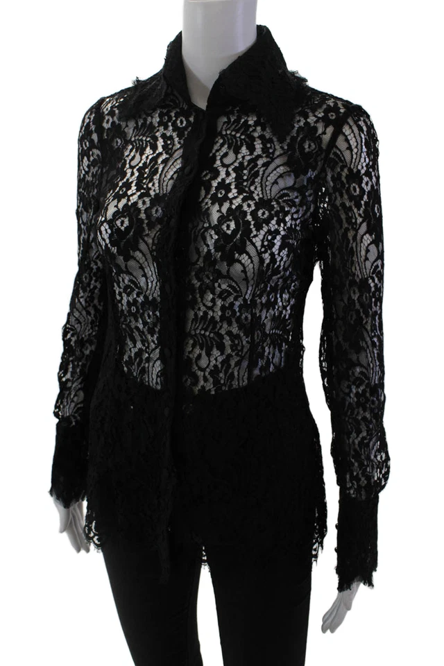 Dolce & Gabbana Womens Floral Lace Collar Button Front Blouse Top Black Size 38 - Image 2 of 4