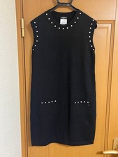 CHANEL Dress Sleeveless Black Knit Elegant Pearl Detail Size 38