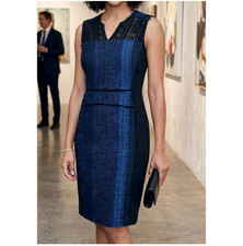 Elie Tahari Dress 8 Women Tweed Sheath MEDIUM Blue Black V Neck Stretch Cocktail