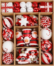 Christmas Ball Ornaments Set 55 ct Red White Assorted Xmas Elements Theme Or...