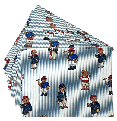 8 Ralph Lauren Polo Bear Placemats Reversible Blue Stripe Cotton Mats Vtg READ