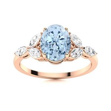 925 Sterling Silver Oval Aquamarine Stone Solitaire with Accents March Ring
