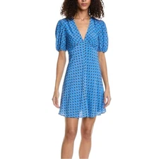 NWT STAUD Mini Milla Puff Sleeve V-Neck Mini Blue Dress 00 in Azure Colico