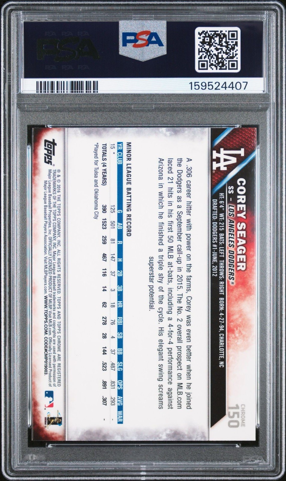 COREY SEAGER 2016 Topps Chrome #150 PSA 9 MINT RC view 2