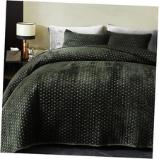 Velvet Quilt Size, Oversized Bedspread Quilted Bedding Set, Queen Army Green