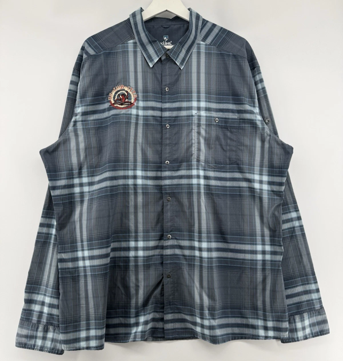 Kuhl Mens XXL Plaid Button Up Shirt Blue Outdoor Camp Un-Limb-ited Logo