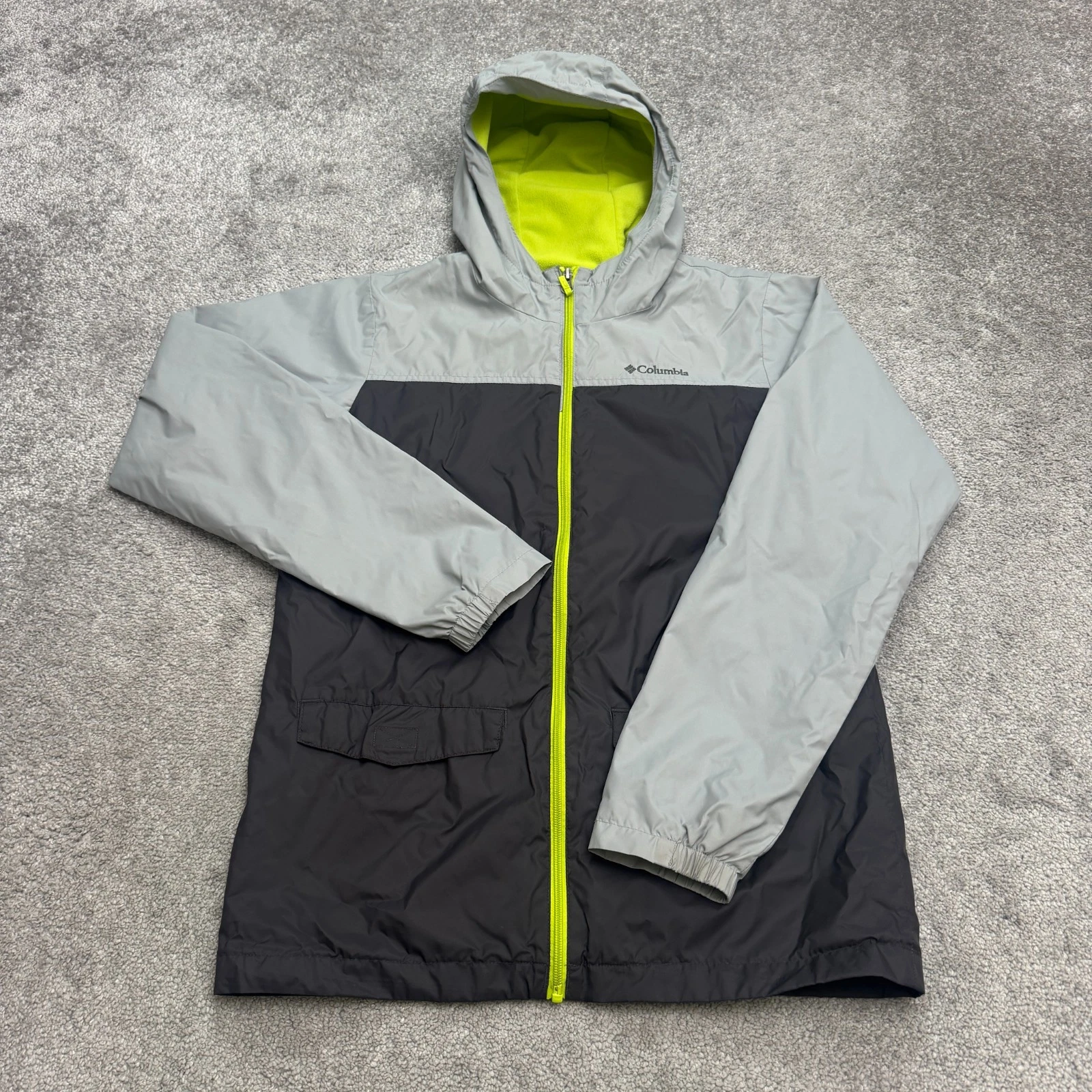 Columbia Fleece Lined Hoodie Rain Jacket Boys Large Gray Black Colorblock Nylon
