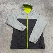 Columbia Fleece Lined Hoodie Rain Jacket Boys Large Gray Black Colorblock Nylon