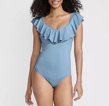 NWT Lands  End Women  s Blue Ruffle V Neck One Piece Swimsuit Size 14