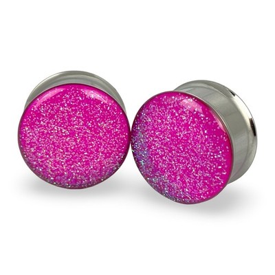 Embedded Pink Lime Glitter Steel Double Flare Plugs gauges pair