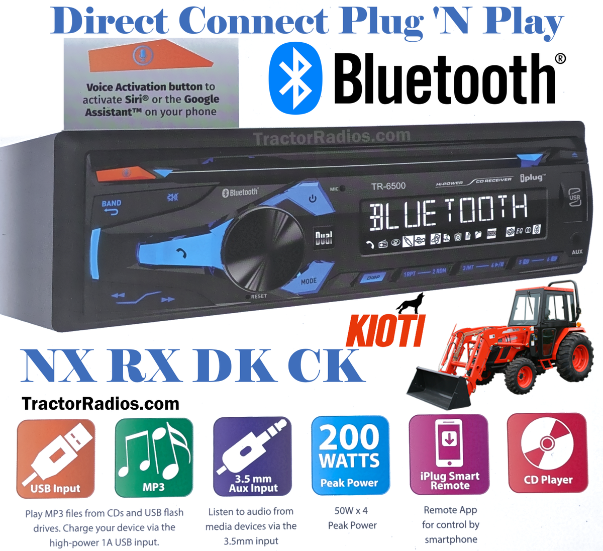 Plug & Play KIOTI Bobcat Tractor Bluetooth Radio CD Player AM FM