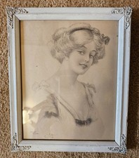 Archie Gunn stampa seppia con cornice bianca shabby chic con angoli oro ornati,,11 x 9