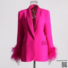 Autumn New Womens Blazer Jacket Feather Sleeved Rhinestone Suit Coats Overcoats