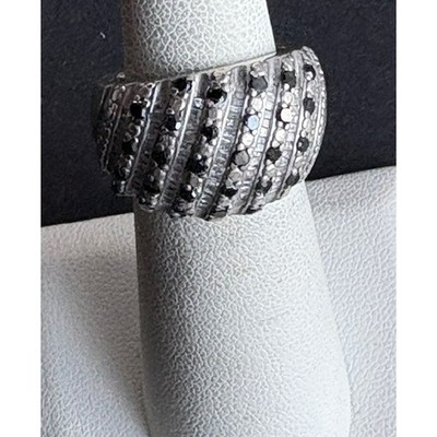 925 STERLING SILVER 1 CARAT  BLACK AND CLEAR DIAMONDS DOME BAND RING SIZE 5 SKY