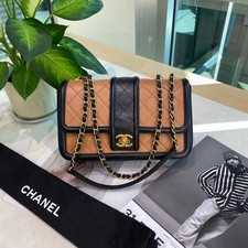 Chanel Classic Flap Two‑Tone Black & Beige Leather Gold HW Auth