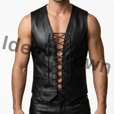 Men's Black Lace-Up Leather Vest- Deep V Gothic Biker Leather Waistcoat-All Size