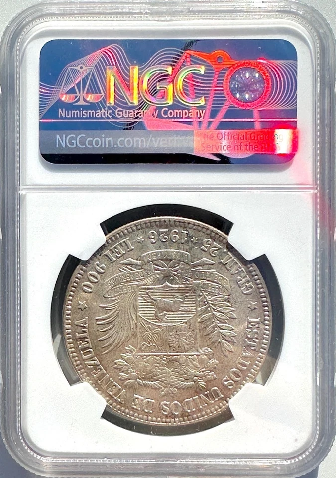 MONEDA CORONA PLATA ANTIGUA VENEZUELA 5 BOLÍVARES 1926 AU 58 25 GRS 0.900 NGC Foto 2 de 4