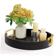 Round Decorative Tray - 12 Inch Round Black Tray with Gold Metal Handles - 