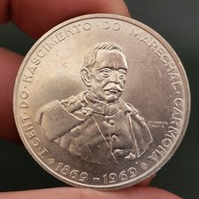 MONETA ARGENTO PORTOGALLO 1969 50$00 50 SCUDI Marechal Carmona Centenario