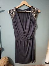 Warehouse Size 10 Grey Sequin Sleeveless Wrap Style Dress (1223/63/v)